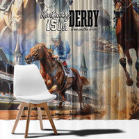 Beige window curtain with horse and jockey race scene artwork, panel edge visible.