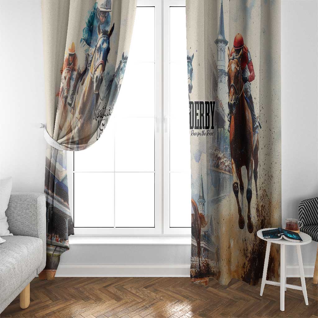 Beige horse racing window curtain panels beside a bright glass door and window.