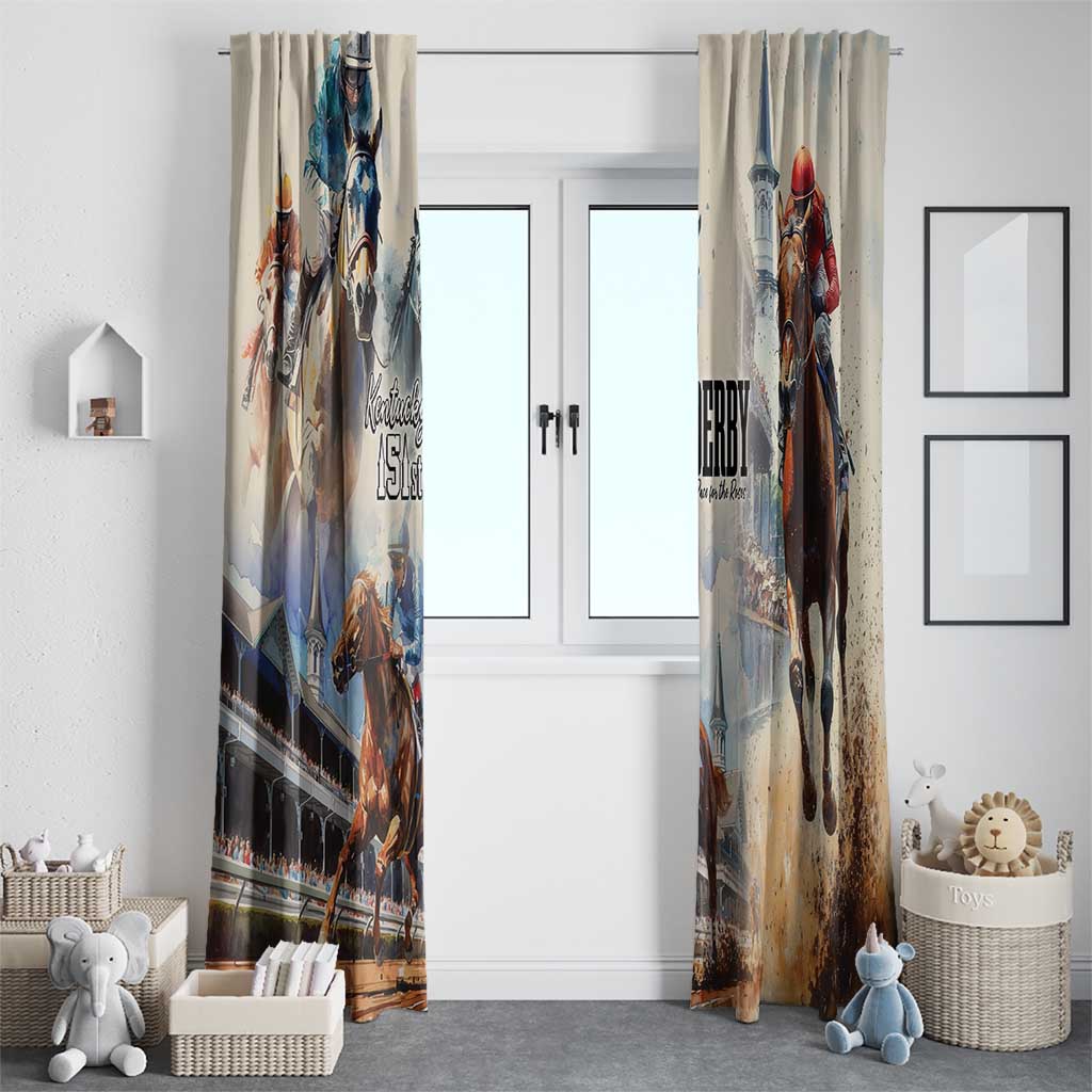 Beige window curtain set with horse and jockey print framing a doorway in a room.