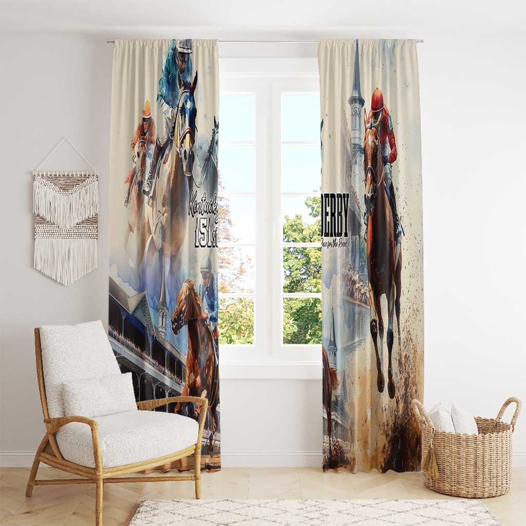 Beige horse racing themed window curtain panels with top pleats and race artwork.