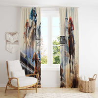 Beige horse racing themed window curtain panels with top pleats and race artwork.