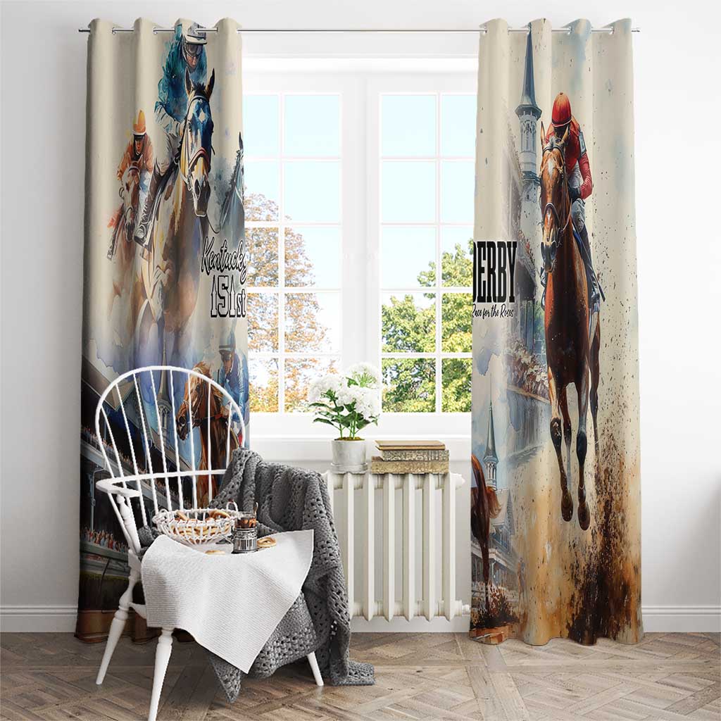 Beige horse racing window curtains with tall panels, jockey and horse graphics, bright window behind.