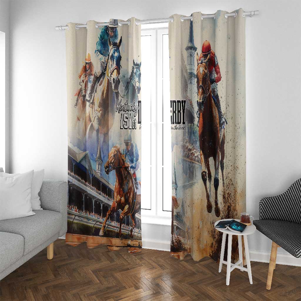 Beige window curtain pair with horse race artwork, hung across a window opening.