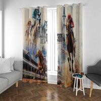 Beige window curtain pair with horse race artwork, hung across a window opening.