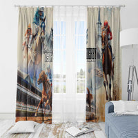Beige window curtain set with horse and jockey print, curtains gathered with pole hardware.