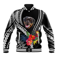 Black Polynesian dog baseball jacket with white tribal patterns and colorful floral graphic