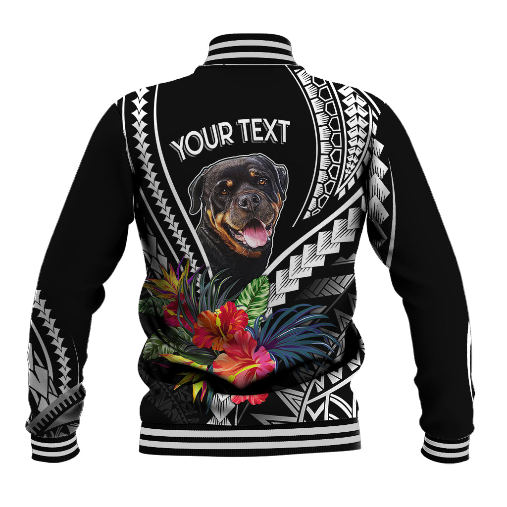 Black baseball jacket back with Your Text, dog portrait, tribal stripes, floral design