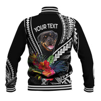 Black baseball jacket back with Your Text, dog portrait, tribal stripes, floral design