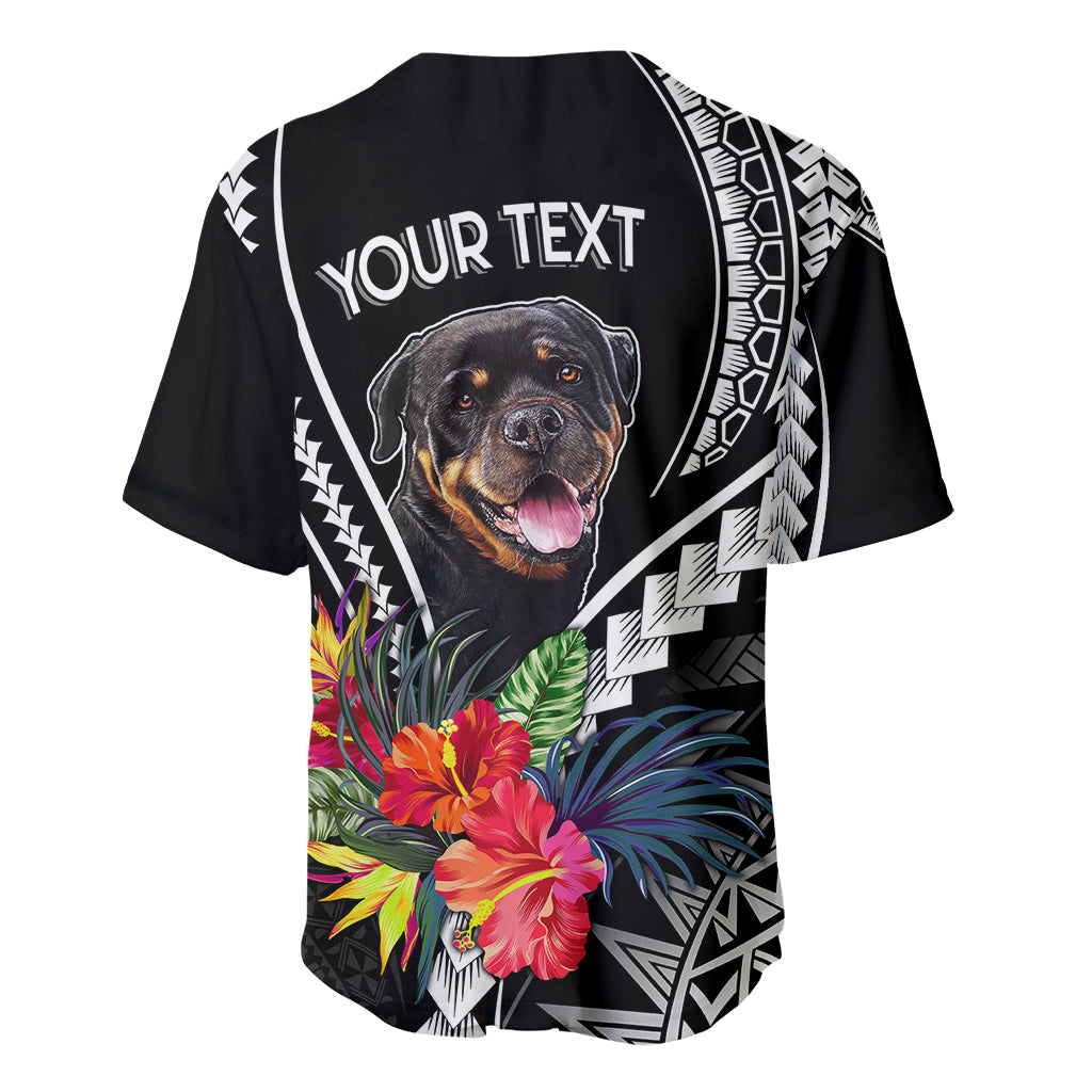 Black baseball dog jersey back with 'YOUR TEXT' and Rottweiler face amid Polynesian floral print