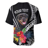 Black baseball dog jersey back with 'YOUR TEXT' and Rottweiler face amid Polynesian floral print