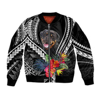 Black unisex bomber jacket with zip, Rottweiler graphic and white Polynesian pattern