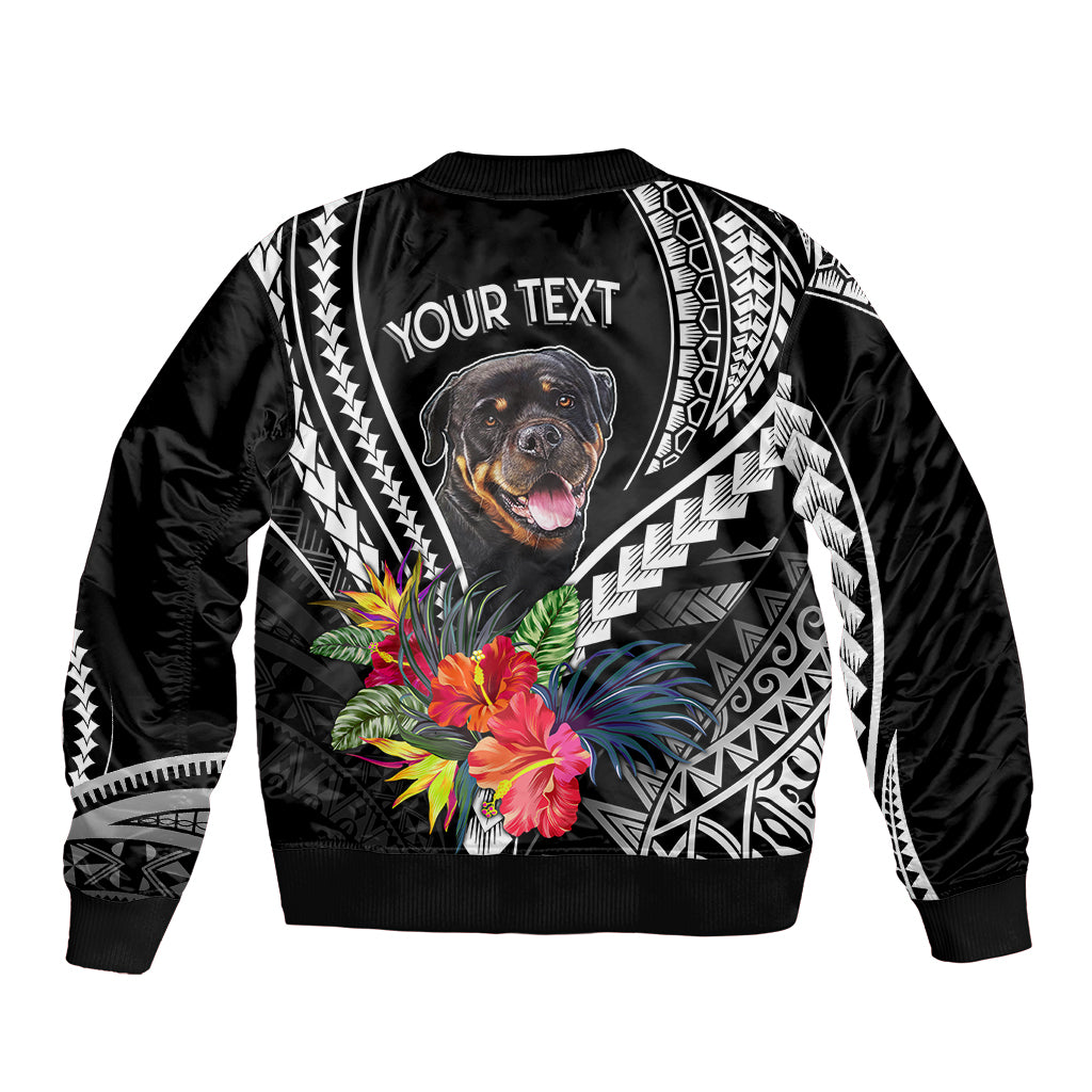 Black unisex bomber jacket with zip, Rottweiler face, flower print and 'YOUR TEXT' panel