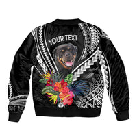 Black unisex bomber jacket with zip, Rottweiler face, flower print and 'YOUR TEXT' panel