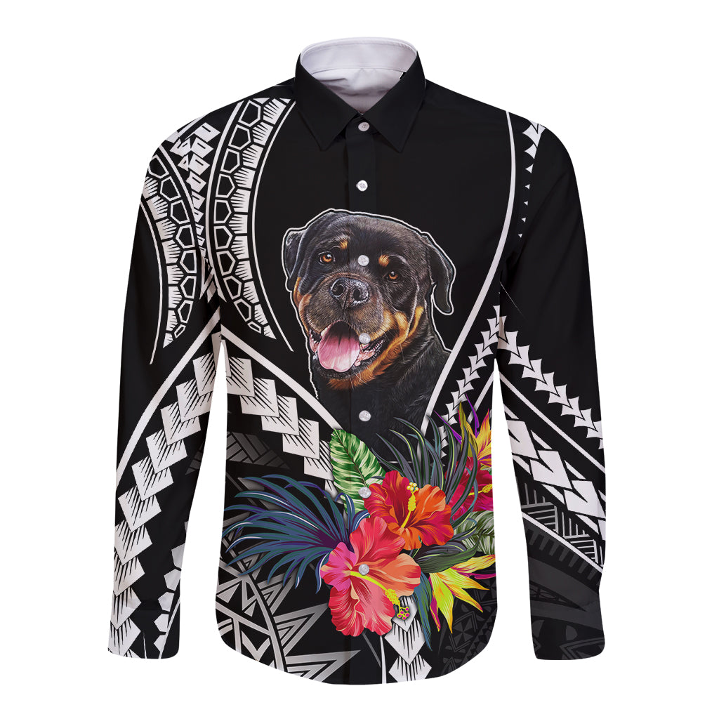 Black long-sleeve button-up shirt with Rottweiler dog graphic and Polynesian floral pattern