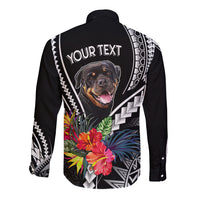 Black long-sleeve button-up shirt with back 'YOUR TEXT' and dog graphic plus floral