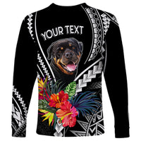Black unisex long-sleeve dog shirt with Polynesian pattern, Rottweiler face and YOUR TEXT