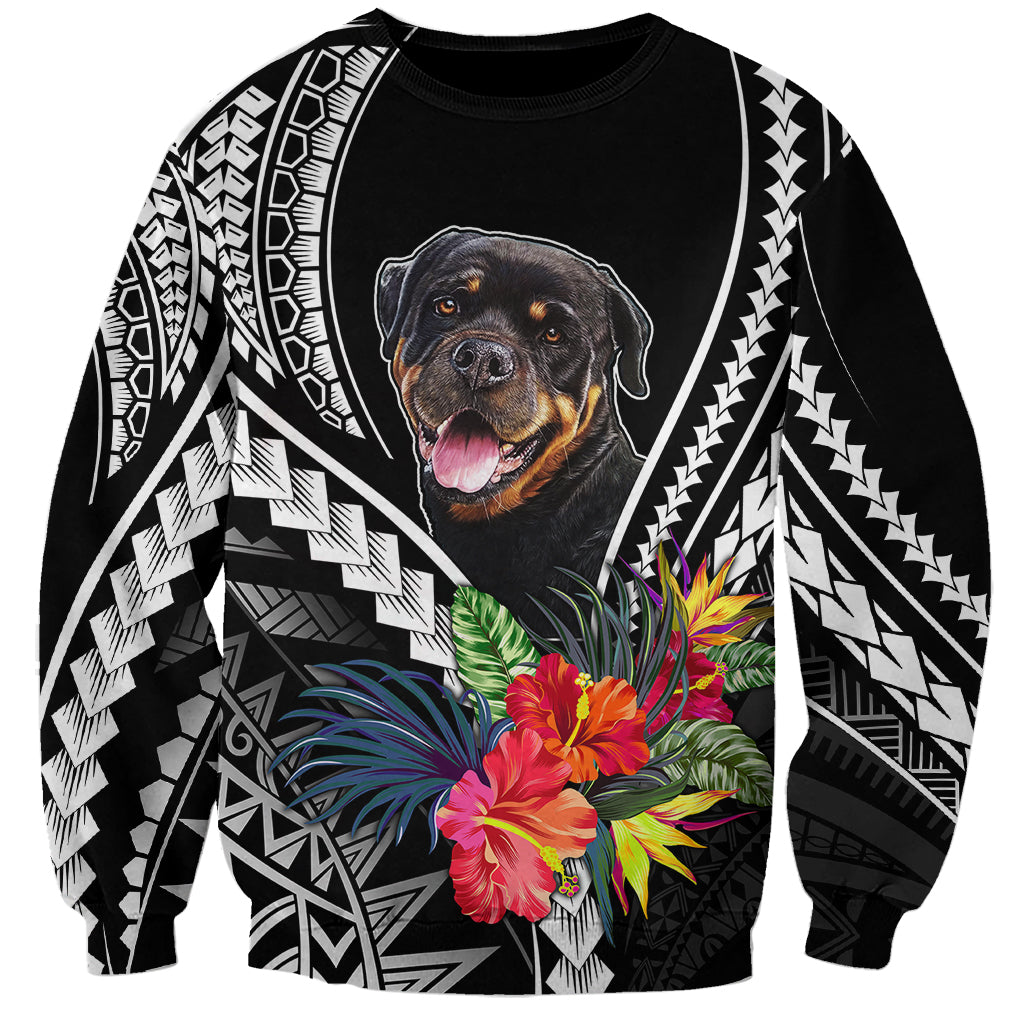 Black dog sweatshirt with rottweiler face, floral bouquet and Polynesian geometric pattern