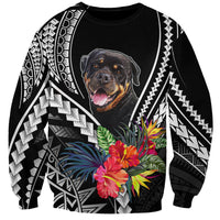 Black dog sweatshirt with rottweiler face, floral bouquet and Polynesian geometric pattern