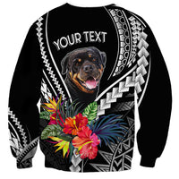 Black dog sweatshirt with rottweiler face, floral bouquet, geometric pattern, 'YOUR TEXT'
