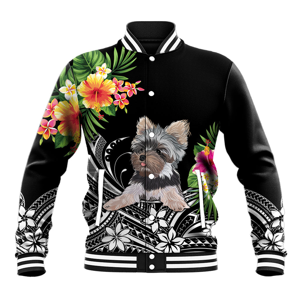 Black baseball jacket with colorful floral dog graphic, striped ribbed collar and cuffs