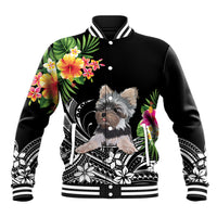 Black baseball jacket with colorful floral dog graphic, striped ribbed collar and cuffs