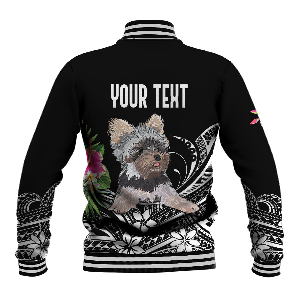 Black baseball jacket back with 'YOUR TEXT' and Yorkie floral graphic, striped ribbed hem