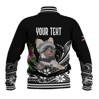 Black baseball jacket back with 'YOUR TEXT' and Yorkie floral graphic, striped ribbed hem