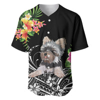 Black baseball jersey with button front, Yorkshire terrier floral graphic on front