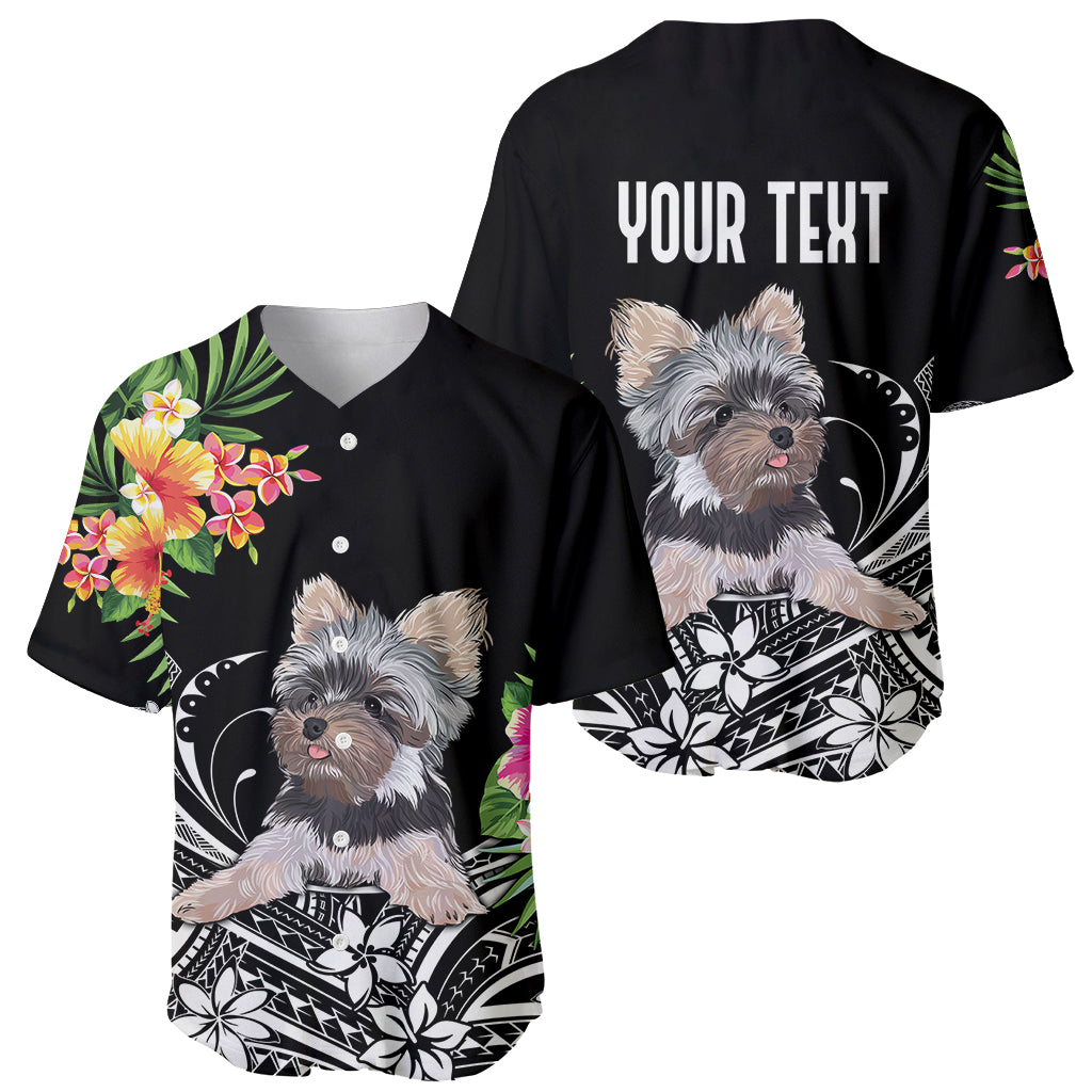 Two black baseball jerseys: front terrier floral print and back "YOUR TEXT"