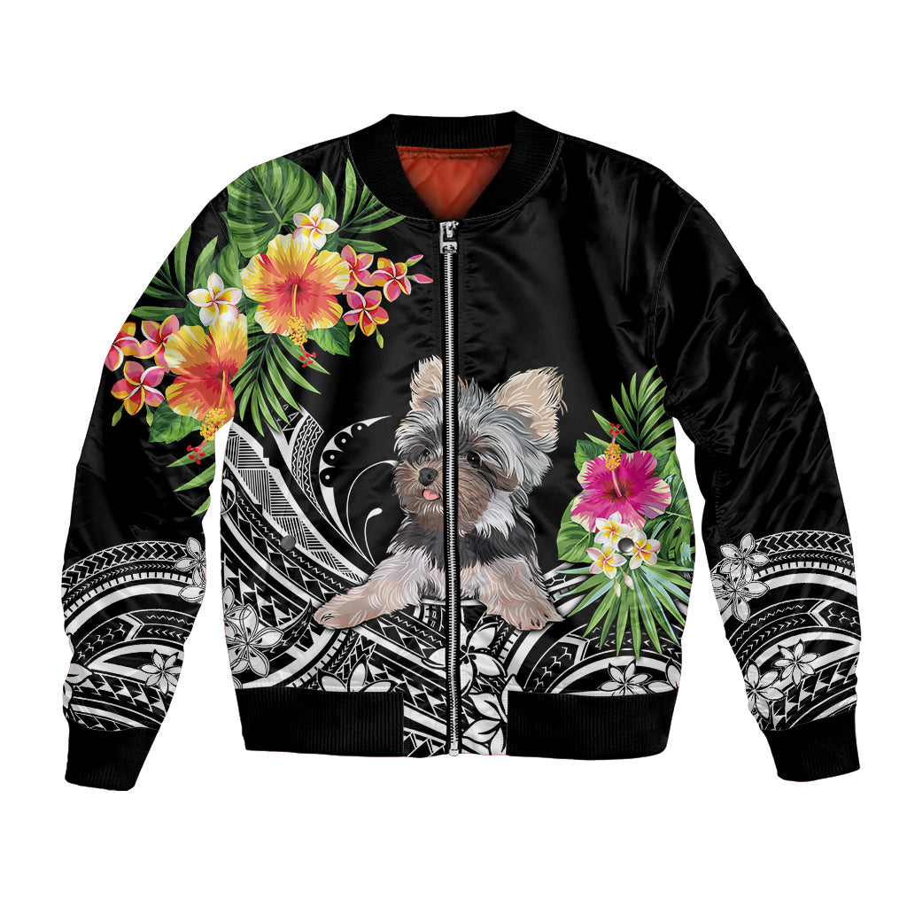 Black satin bomber jacket with Yorkshire terrier floral graphic and striped sleeve cuffs