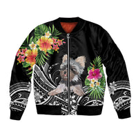 Black satin bomber jacket with Yorkshire terrier floral graphic and striped sleeve cuffs
