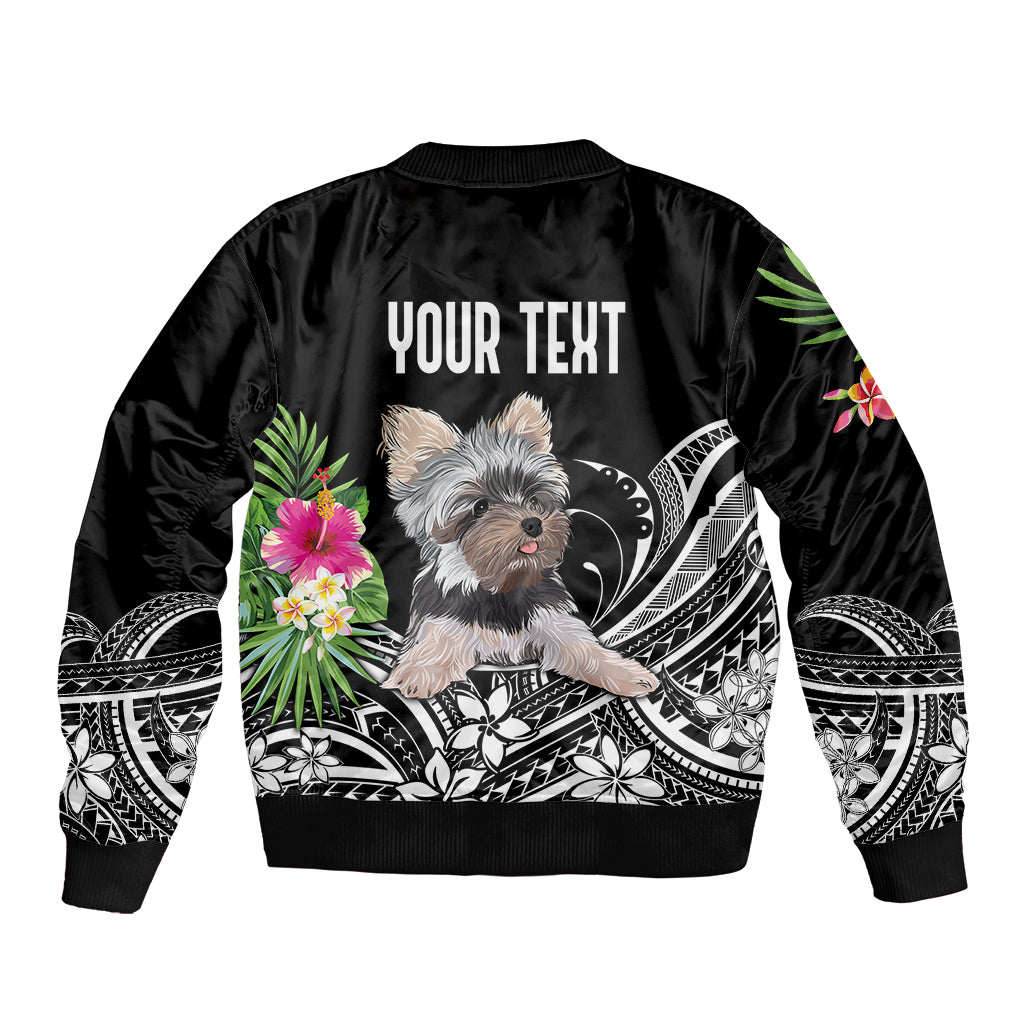 Black satin bomber jacket with back terrier graphic, palm flowers, and "YOUR TEXT"