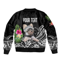 Black satin bomber jacket with back terrier graphic, palm flowers, and "YOUR TEXT"