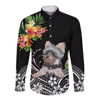 Black long-sleeve button shirt with Yorkshire terrier floral front graphic
