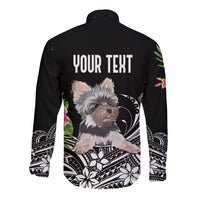 Black long-sleeve button shirt with back text and terrier floral print