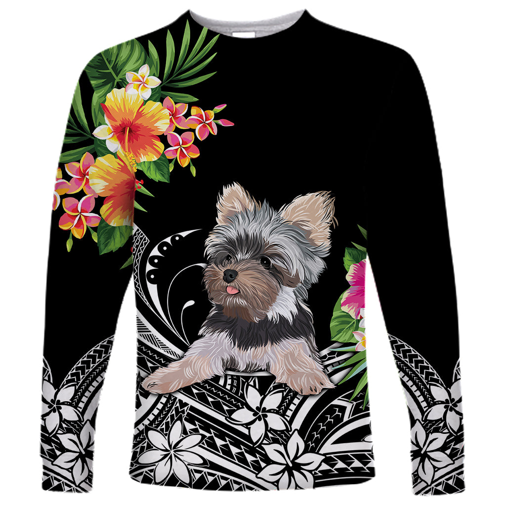 Black long-sleeve shirt with Yorkshire terrier portrait and colorful floral Polynesian print