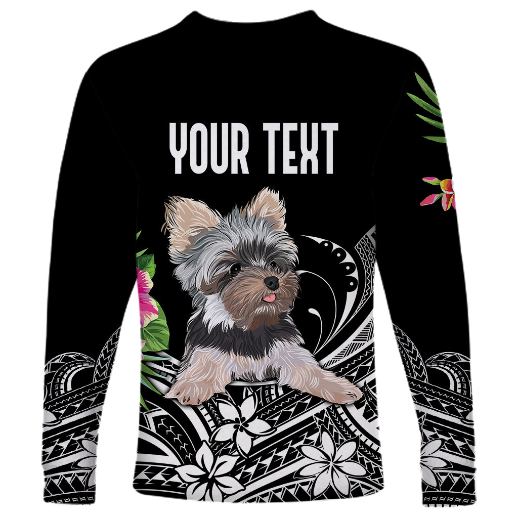 Black long-sleeve shirt with Yorkie face, Polynesian floral sleeves, and 'YOUR TEXT'