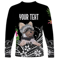 Black long-sleeve shirt with Yorkie face, Polynesian floral sleeves, and 'YOUR TEXT'