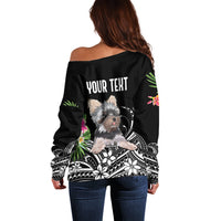 Black off-shoulder sweater back with YOUR TEXT and terrier floral print