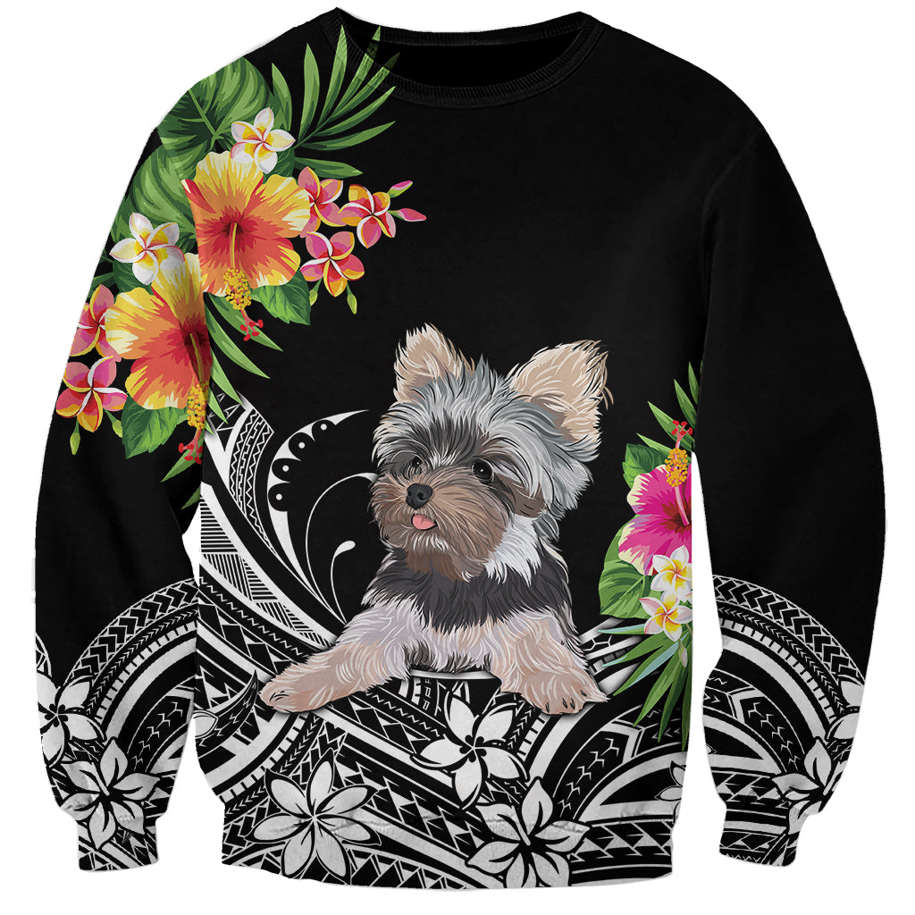 Black unisex sweatshirt with Yorkie floral Polynesian print front