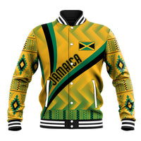 Yellow baseball jacket with green kente sleeves, black striped trim, snap buttons