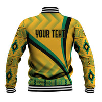 Yellow baseball jacket back with green kente design and YOUR TEXT print, ribbed striped cuffs