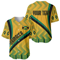 Yellow Jamaica baseball jersey showing front and back, Kente pattern, buttons and crest