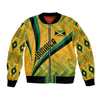 Yellow bomber jacket with kente-style geometric pattern, zip front, ribbed cuffs and collar