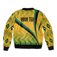 Yellow bomber jacket with kente-style pattern; 'YOUR TEXT' on back, ribbed cuffs