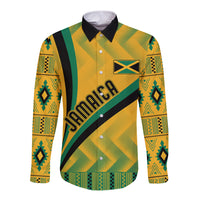 Yellow Kente long-sleeve button shirt with black collar and front emblem text