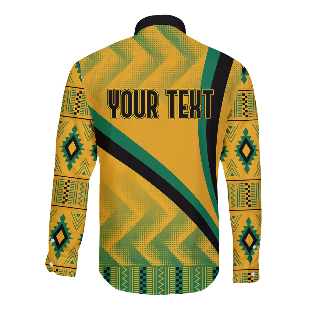 Yellow long-sleeve button shirt with Kente back pattern and bold 'YOUR TEXT' print
