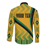 Yellow long-sleeve button shirt with Kente back pattern and bold 'YOUR TEXT' print
