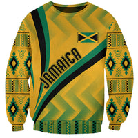 Yellow crewneck sweatshirt with Jamaica flag kente print, long sleeves, graphic chest