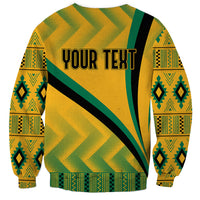 Yellow crewneck sweatshirt with kente pattern and 'YOUR TEXT' print, long sleeves